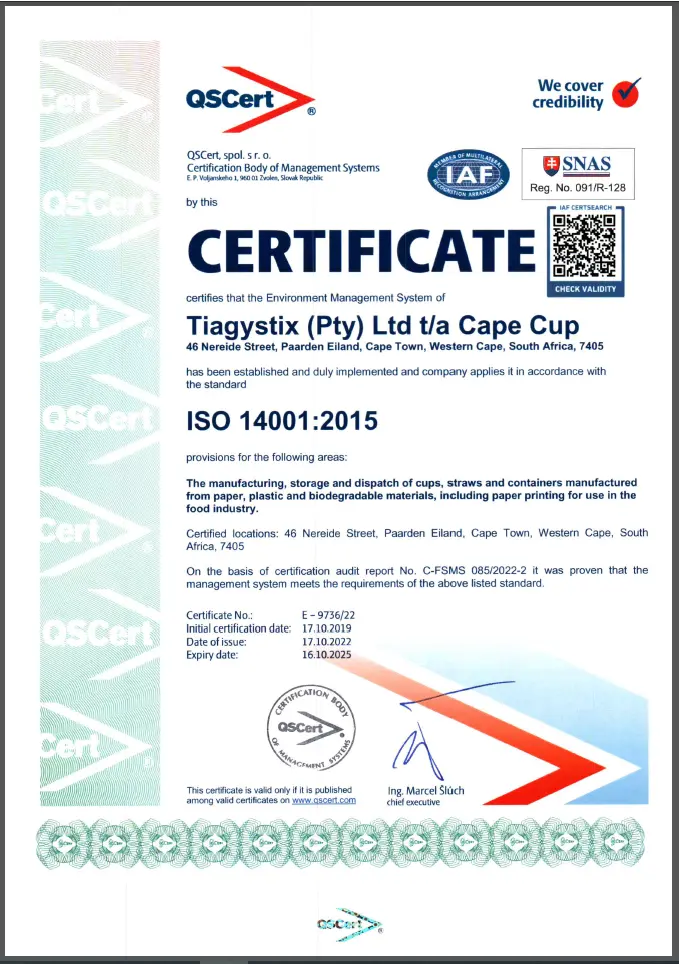 ISO 14001:2015 certificate