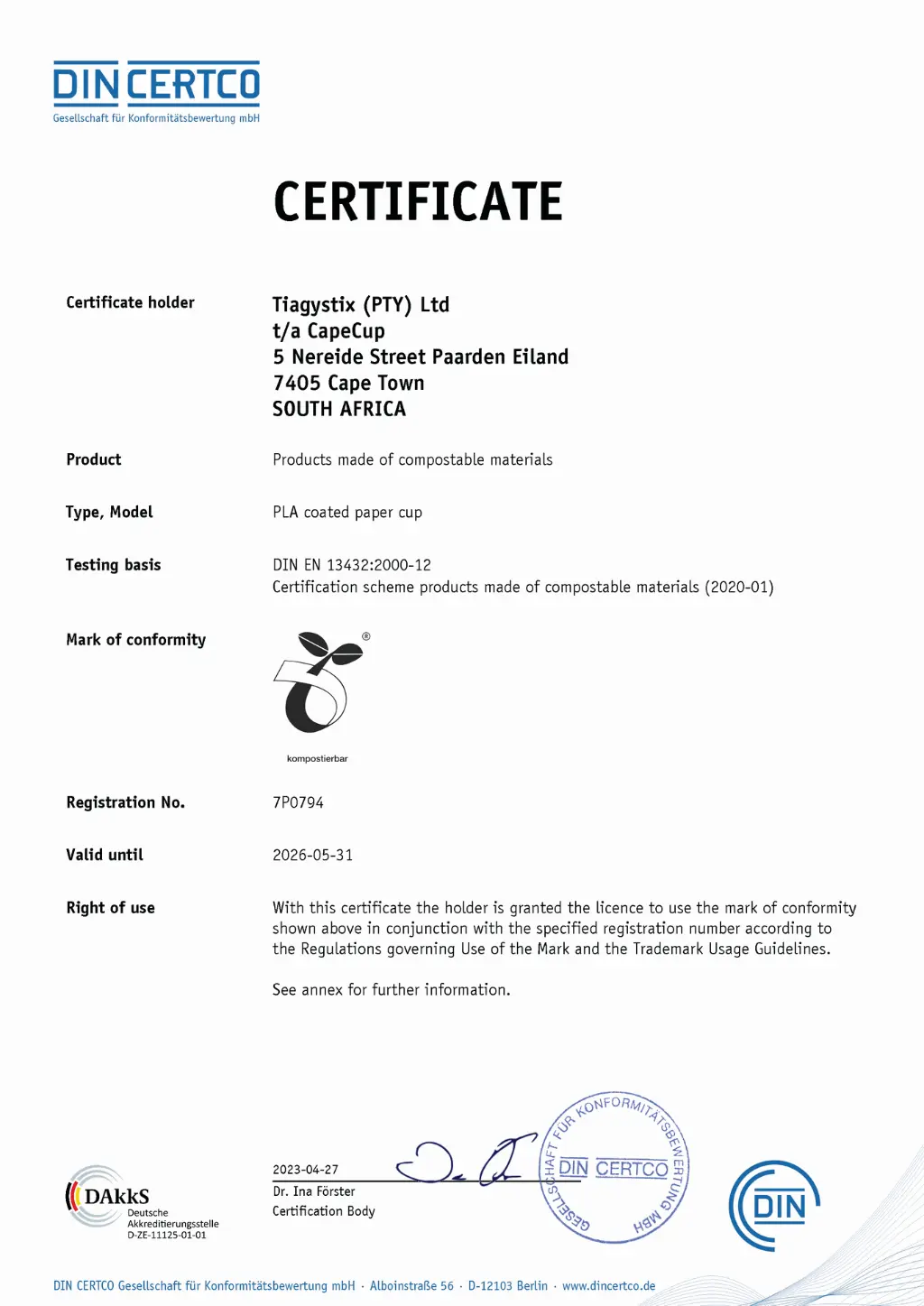 PLA coated paper cup certificate