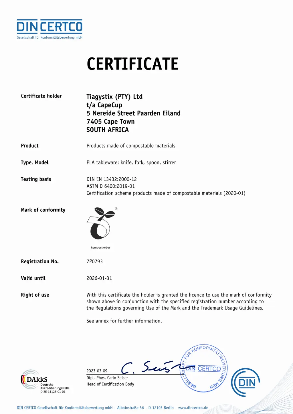 PLA tableware: knife, fork, spoon, stirrer certificate