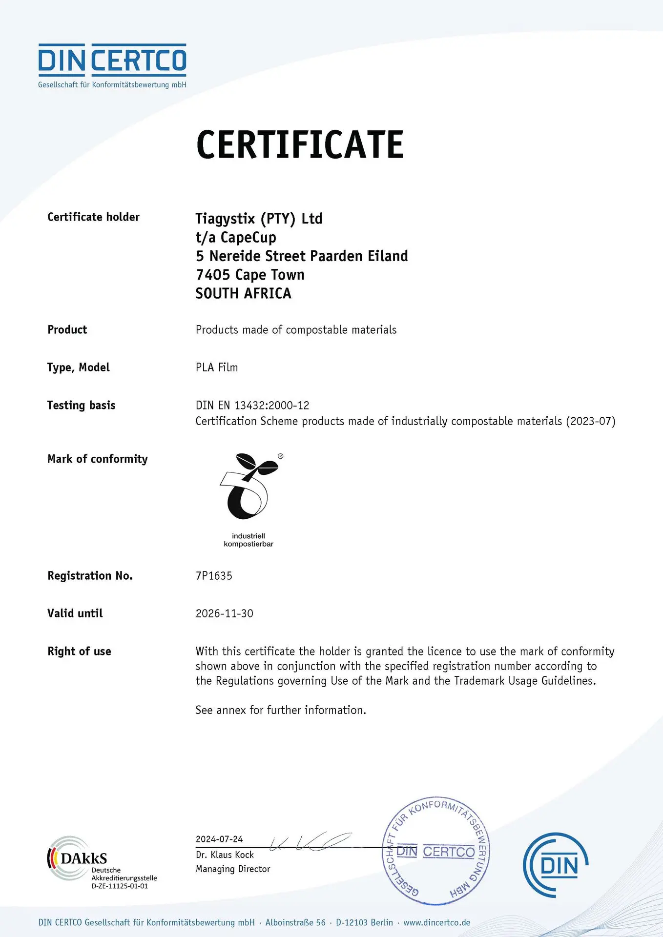 PLA film certificate