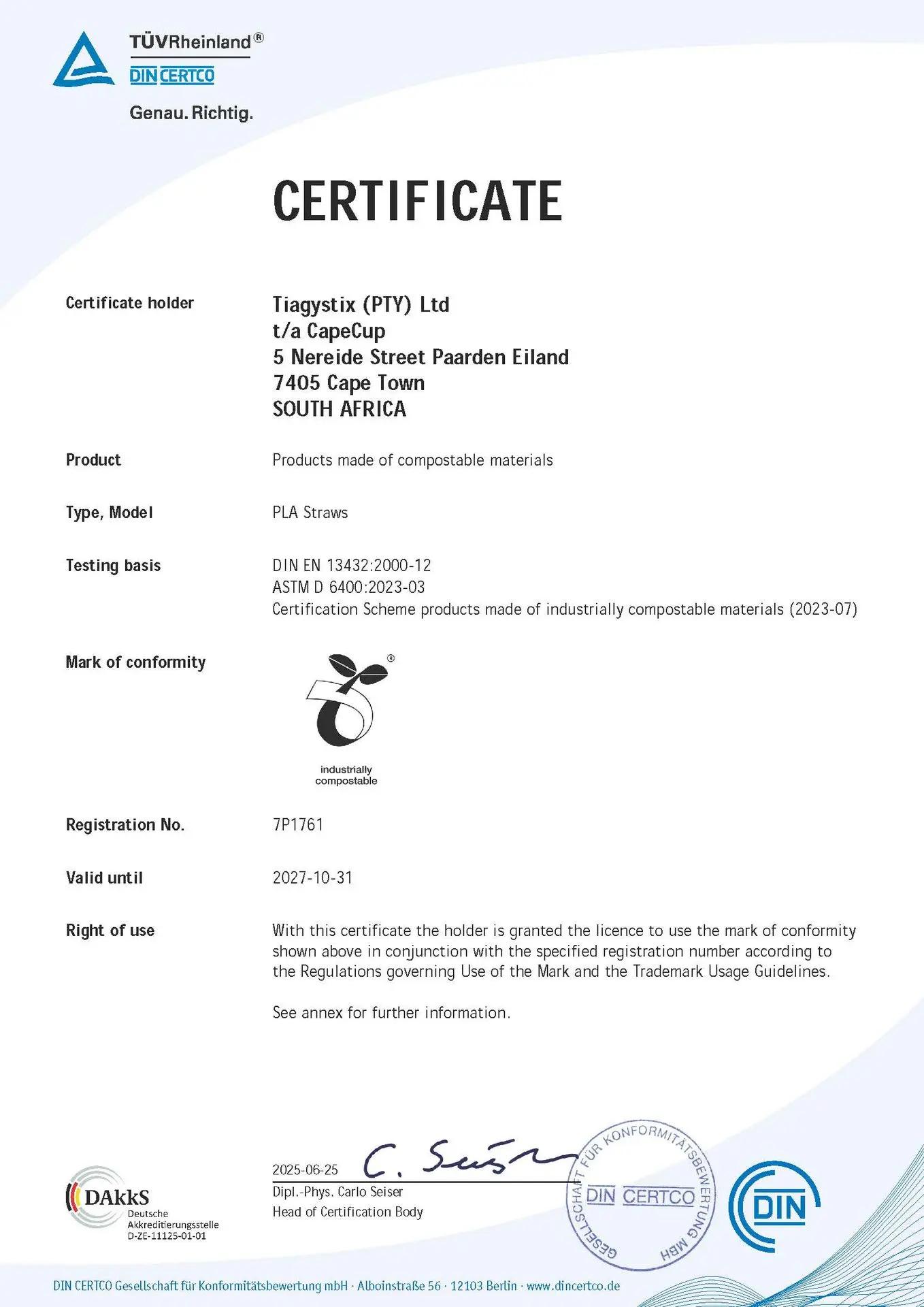 PLA Straws certificate
