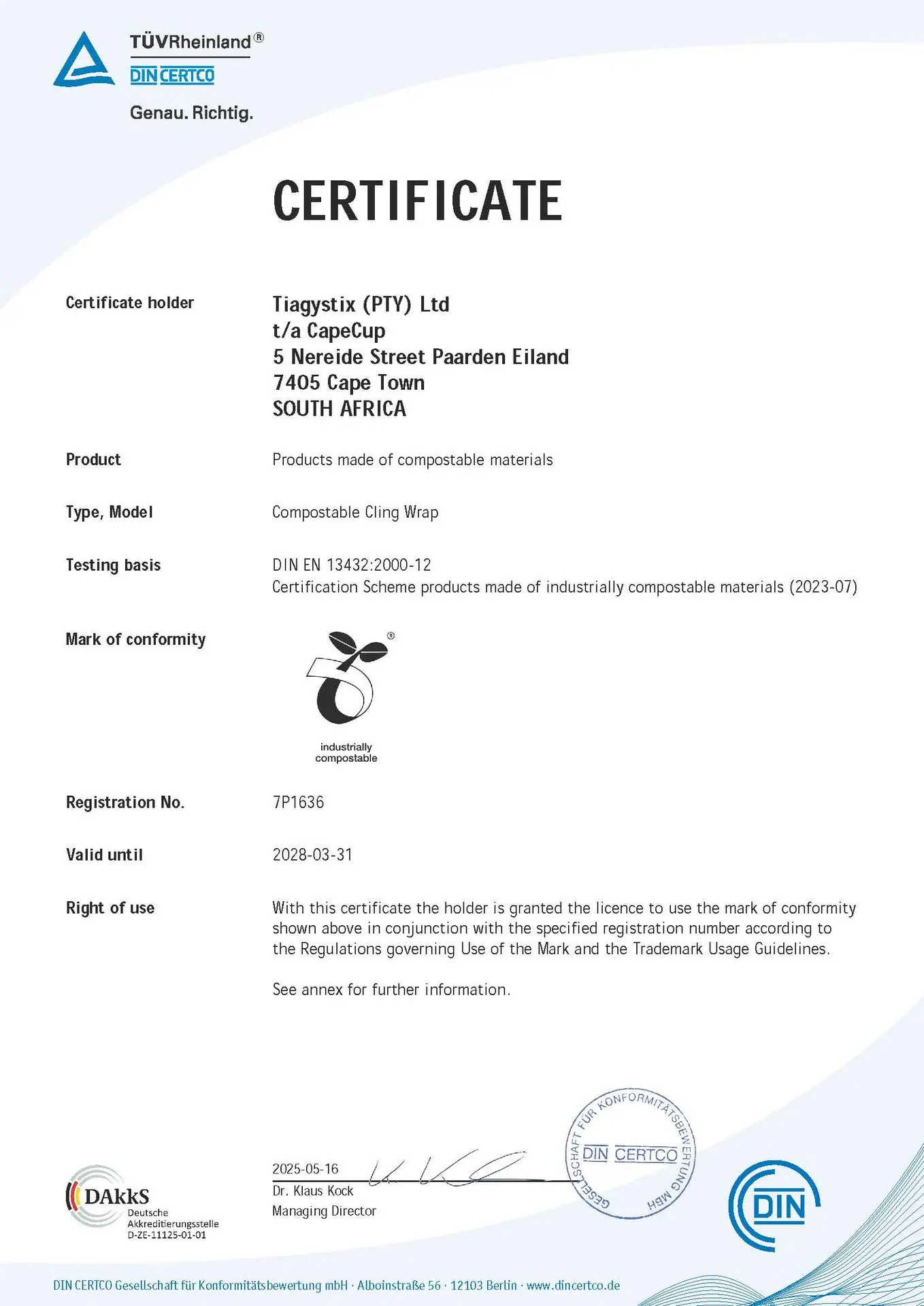 Compostable Cling Wrap certificate
