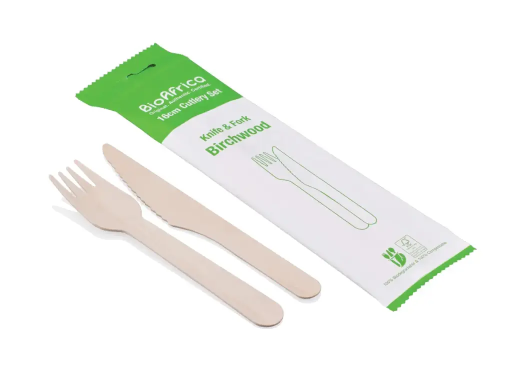 Picnic Set - 16cm Birchwood Cutlery | Knife & Fork | Wrapped BioAfrica | 500's