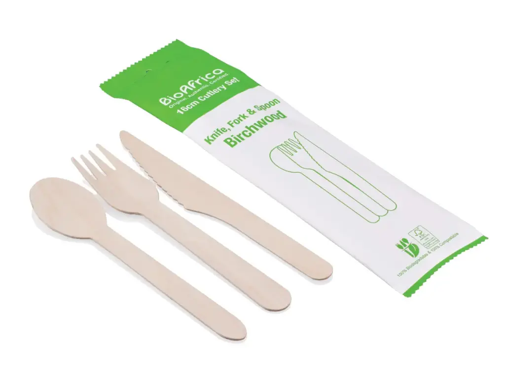 Picnic Set - 16cm Birchwood Cutlery | Knife, Fork & Spoon | Wrapped BioAfrica | 500's