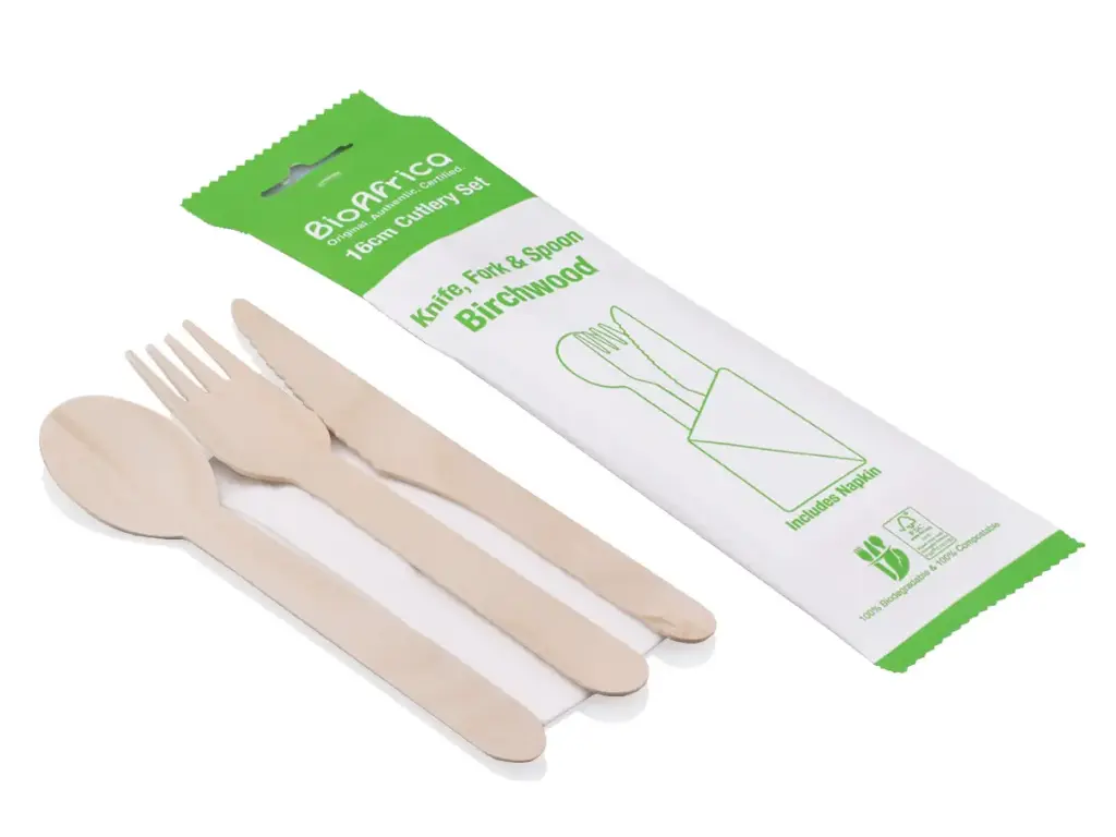 Picnic Set - 16cm Birchwood Cutlery | Knife, Fork, Spoon & Napkin | Wrapped BioAfrica | 500's