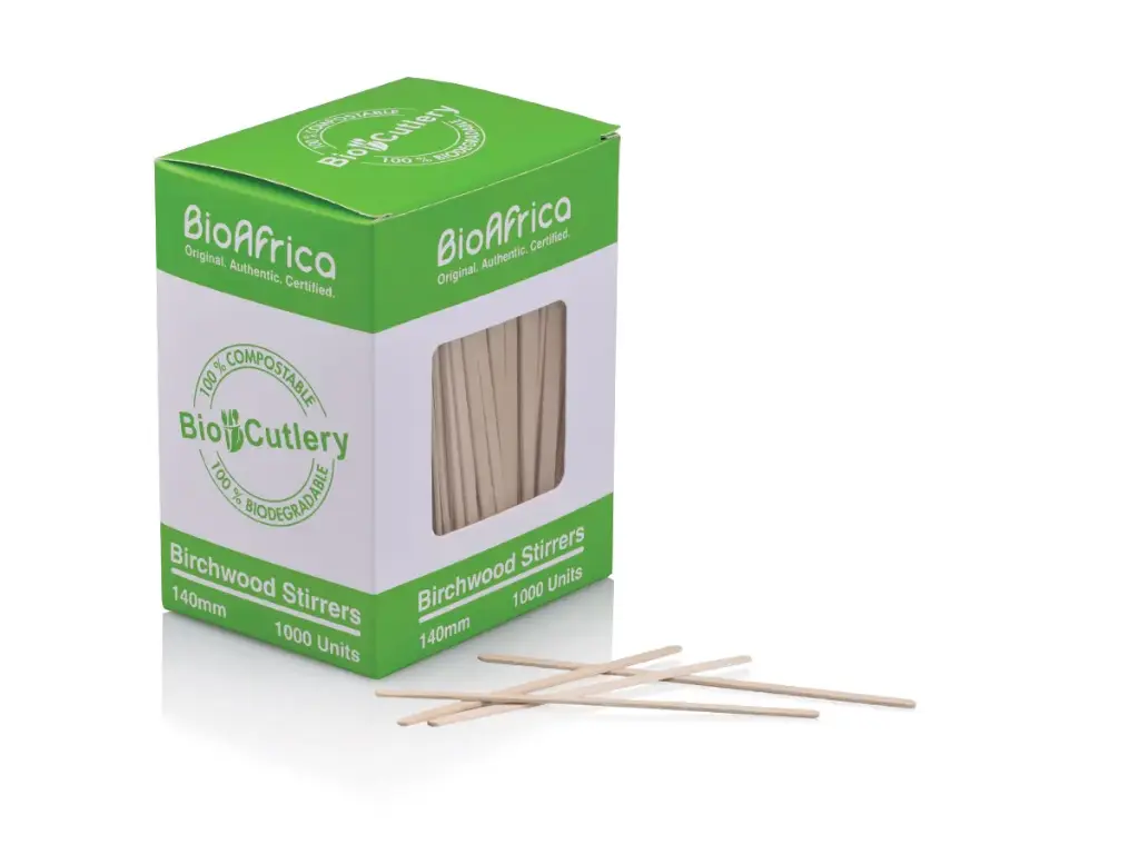 14cm Birchwood Stirrer | Unwrapped | BioAfrica Dispenser Box | 1000's